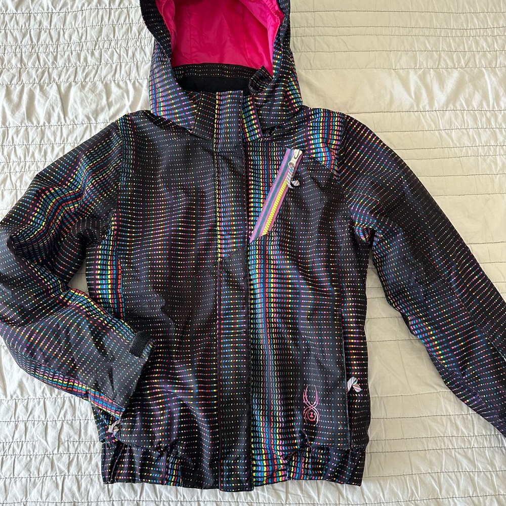 Spyder Black Jacket with Rainbow Stripe Dots and Pink Hood
